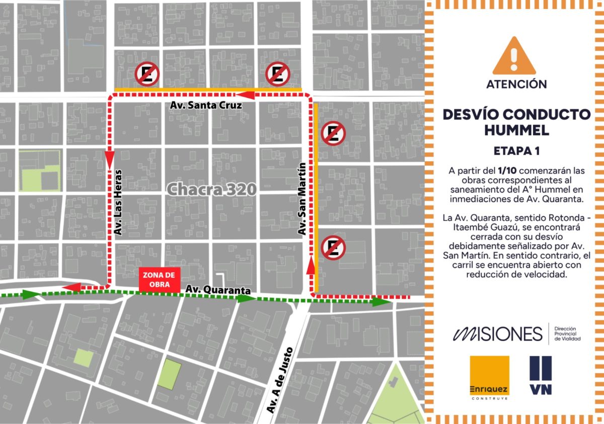 Desvio de transito por obras sobre avenida Quaranta y Las Heras en Posadas